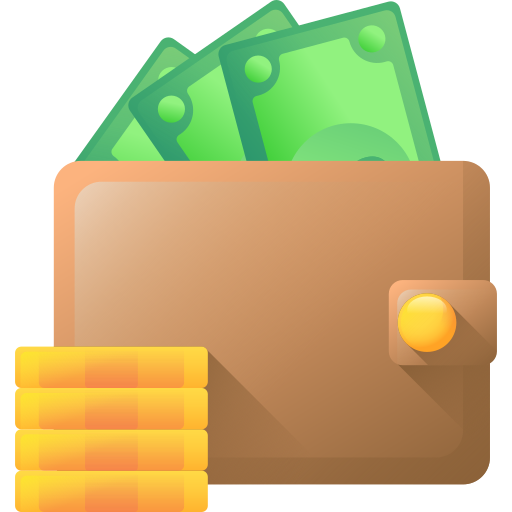 Wallet icon with cash and coins